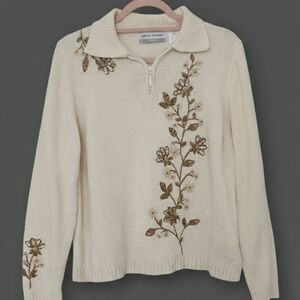 Alfred Dunner Cream Sweater with Brown Floral Embroidery